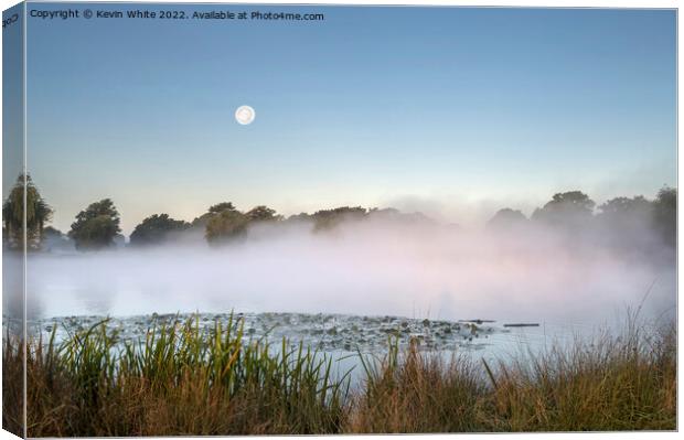 Misty pond with moon in the sky Canvas Print by Kevin White