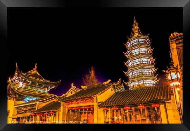 Buddhist Nanchang Temple Pagoda Night Illuminated Wuxi Jiangsu C Framed Print by William Perry
