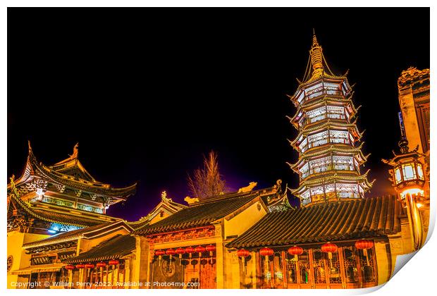Buddhist Nanchang Temple Pagoda Night Illuminated Wuxi Jiangsu C Print by William Perry