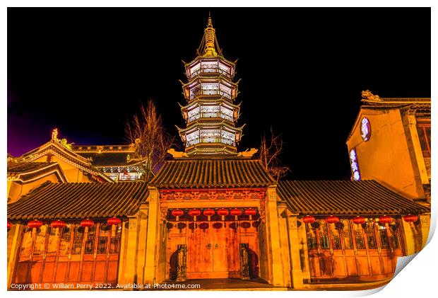 Buddhist Nanchang Temple Pagoda Night Wuxi Jiangsu China Print by William Perry