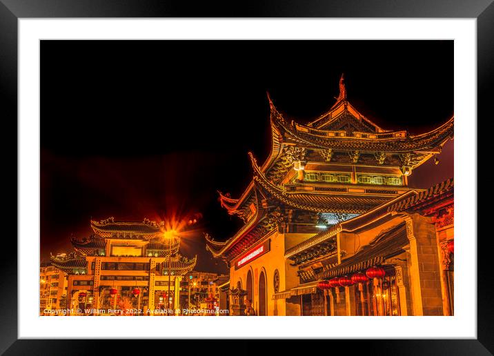 Entrance Gate Buddhist Nanchang Temple Pagoda Night Wuxi Jiangsu Framed Mounted Print by William Perry