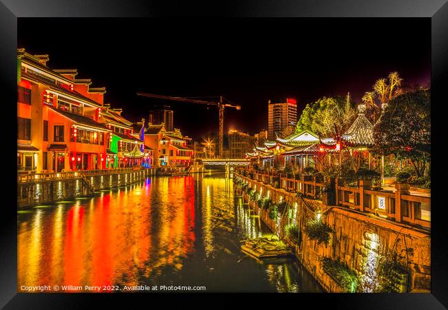 Water Canal Night Illuminated Wuxi Jiangsu China Framed Print by William Perry