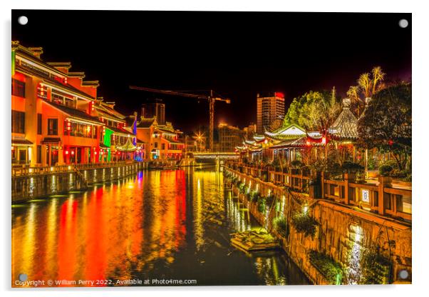 Water Canal Night Illuminated Wuxi Jiangsu China Acrylic by William Perry
