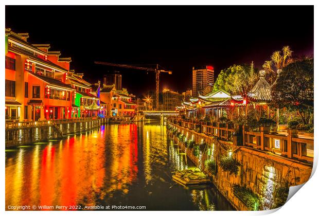 Water Canal Night Illuminated Wuxi Jiangsu China Print by William Perry