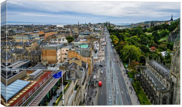 Famous Princes street in Edinburgh - aerial view Canvas Print by Erik Lattwein