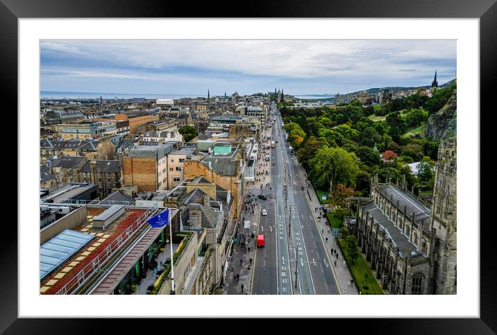 Famous Princes street in Edinburgh - aerial view Framed Mounted Print by Erik Lattwein