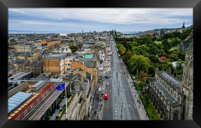 Famous Princes street in Edinburgh - aerial view Framed Print by Erik Lattwein