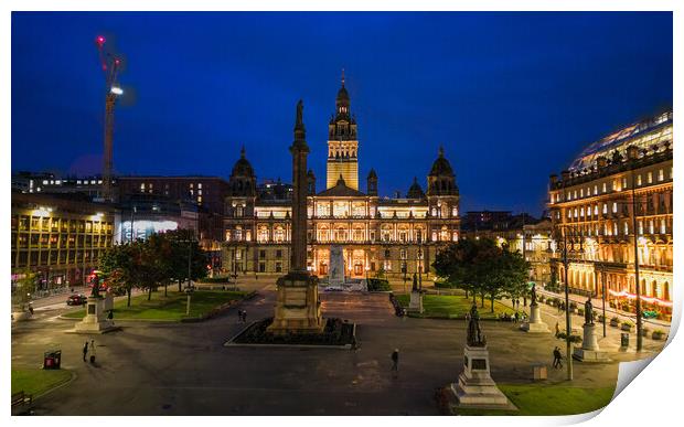 Beautiful George Square in Glasgow at night Print by Erik Lattwein