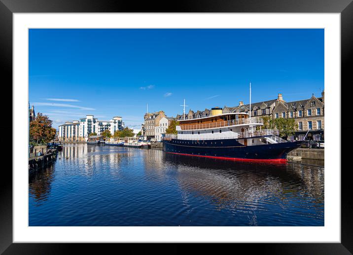 Boat on River Leith in Edinburgh Framed Mounted Print by Erik Lattwein