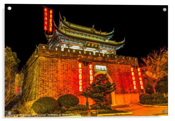 Ancient City Wall Gate Night Illuminated Wuxi Jiangsu China Acrylic by William Perry