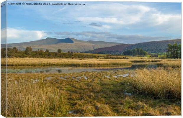 Over the Pond to Pen y Fan and Corn Du  Canvas Print by Nick Jenkins