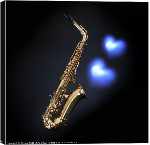 Saxophone on black with blues hearts Canvas Print by Simon Bratt LRPS
