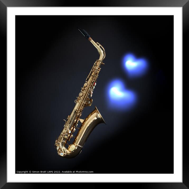 Saxophone on black with blues hearts Framed Mounted Print by Simon Bratt LRPS