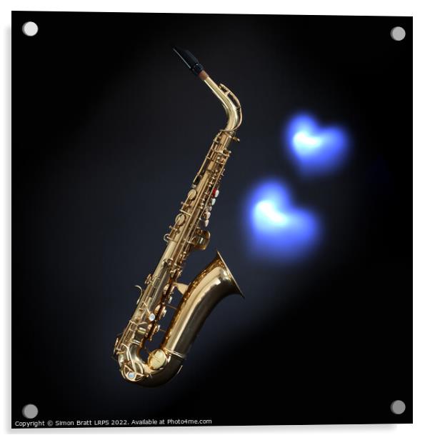 Saxophone on black with blues hearts Acrylic by Simon Bratt LRPS