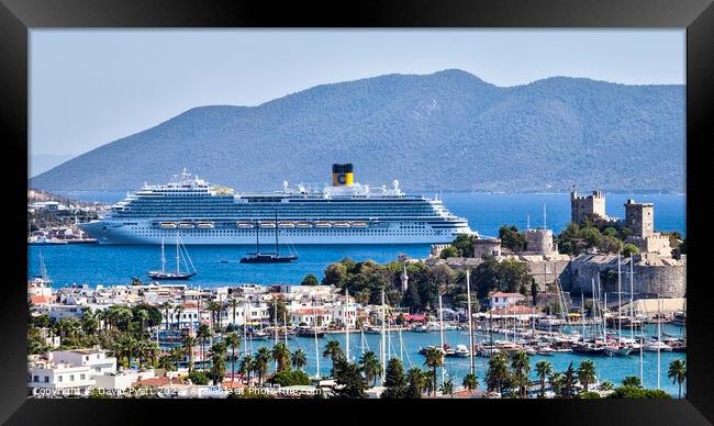 Bodrum Castle And Cruise Ship Panorama Framed Print by David Pyatt