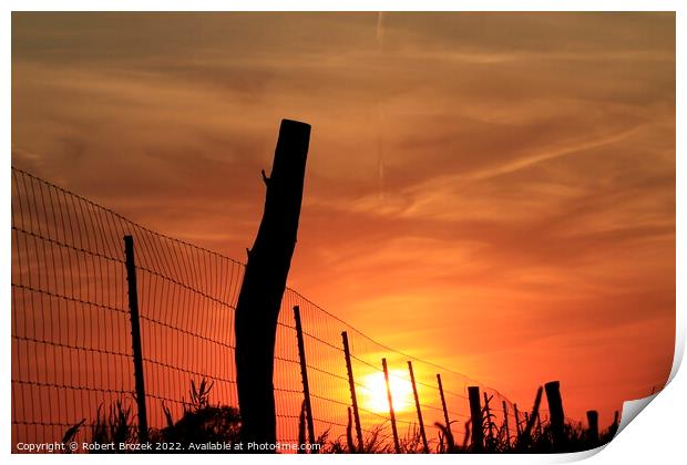 Outdoor sunset with Sun and fence silhouette Print by Robert Brozek