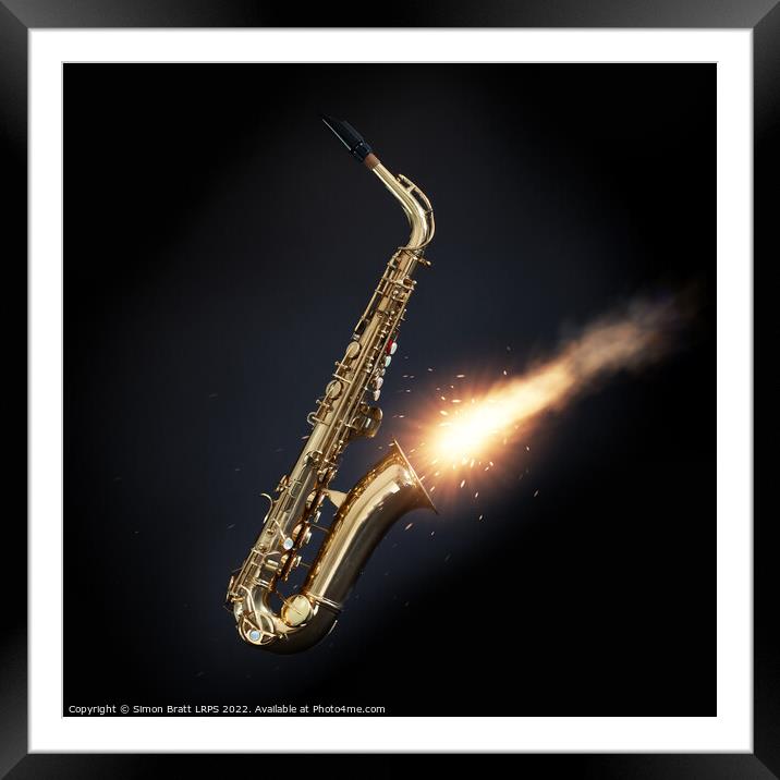 Saxophone with fire out the bell on black Framed Mounted Print by Simon Bratt LRPS