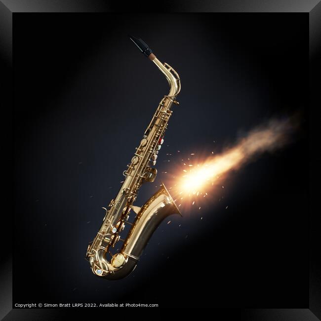 Saxophone with fire out the bell on black Framed Print by Simon Bratt LRPS