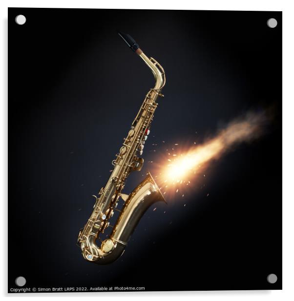 Saxophone with fire out the bell on black Acrylic by Simon Bratt LRPS