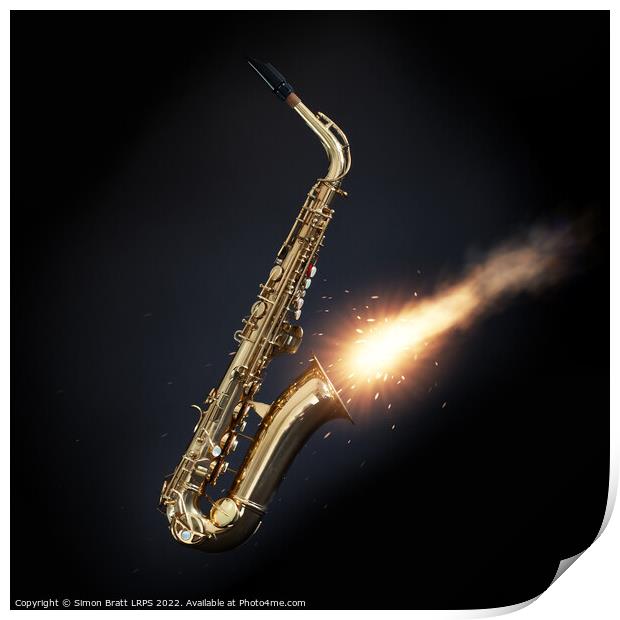 Saxophone with fire out the bell on black Print by Simon Bratt LRPS