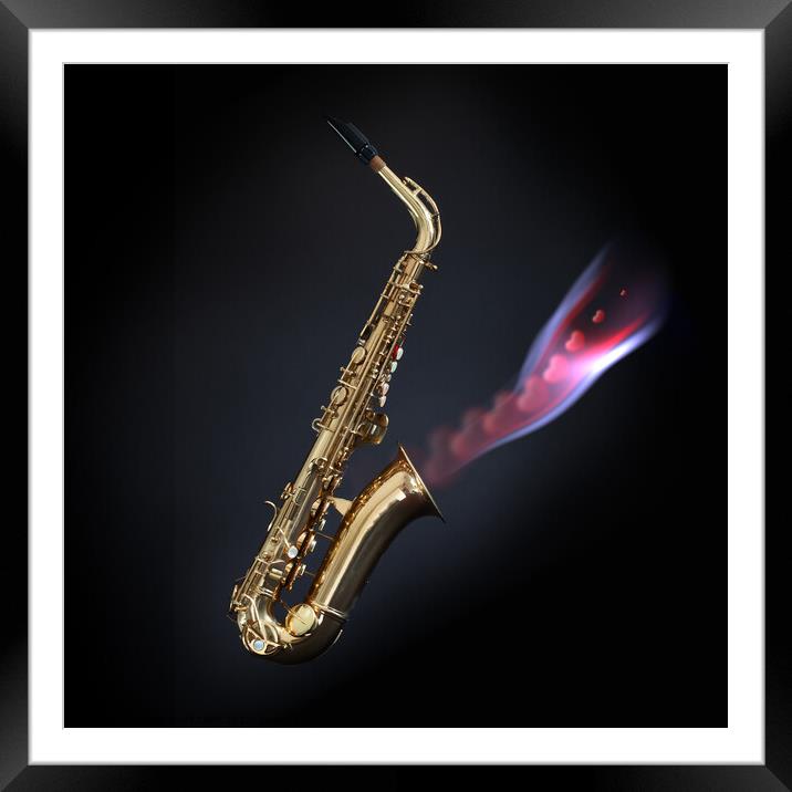 Saxophone with hearts coming out of the bell Framed Mounted Print by Simon Bratt LRPS