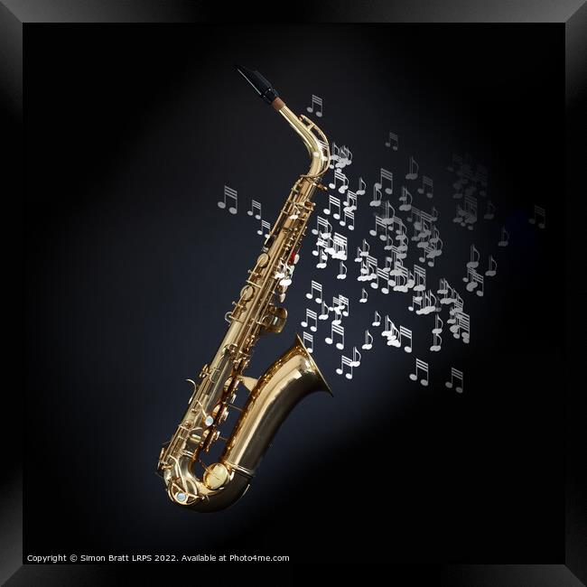 Saxophone with musical notes coming out the bell Framed Print by Simon Bratt LRPS