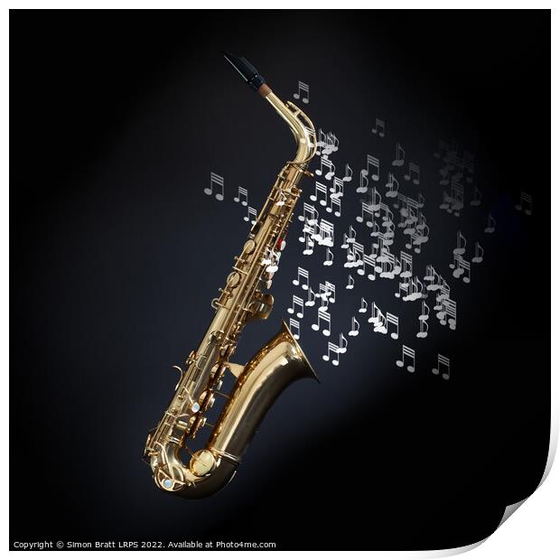 Saxophone with musical notes coming out the bell Print by Simon Bratt LRPS