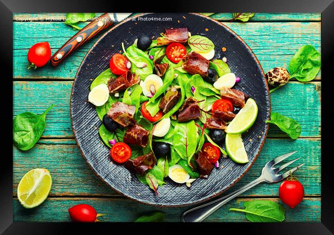 Spring raw salad with meat, top view Framed Print by Mykola Lunov Mykola