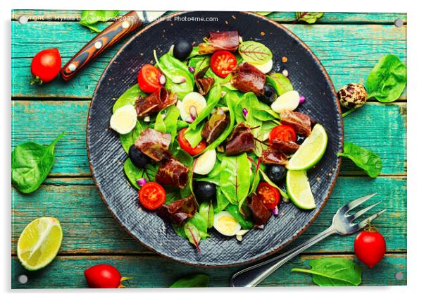 Spring raw salad with meat, top view Acrylic by Mykola Lunov Mykola