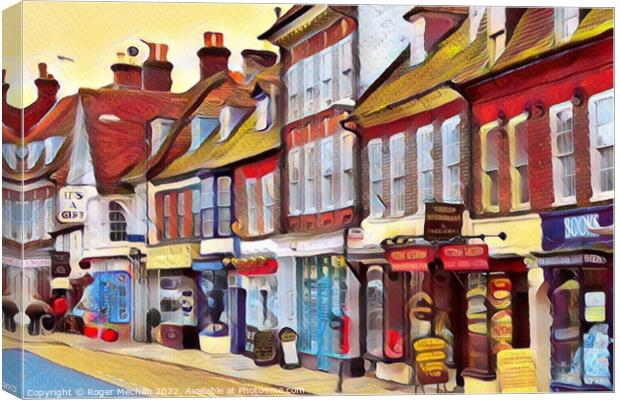 Colourful High Street Shops in Blandford Forum Canvas Print by Roger Mechan