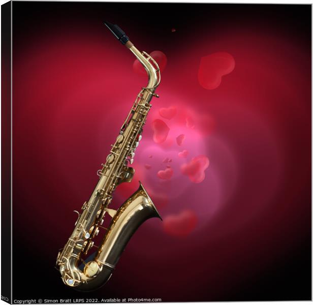 Saxophone with red love heart background Canvas Print by Simon Bratt LRPS
