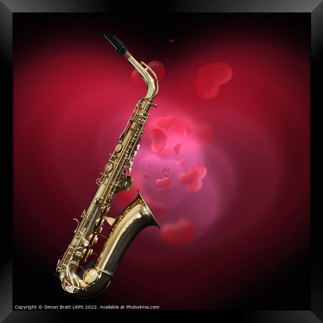 Saxophone with red love heart background Framed Print by Simon Bratt LRPS