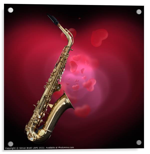 Saxophone with red love heart background Acrylic by Simon Bratt LRPS