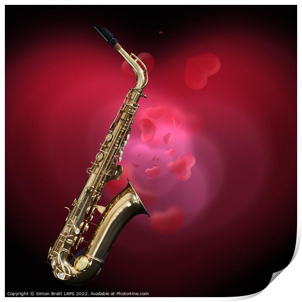 Saxophone with red love heart background Print by Simon Bratt LRPS