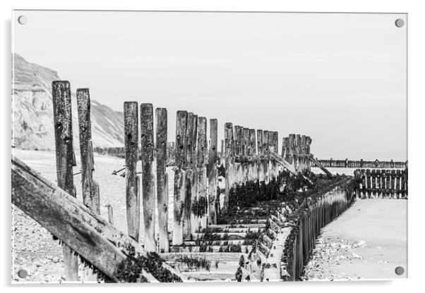 West Runton revetment in black and white Acrylic by Jason Wells