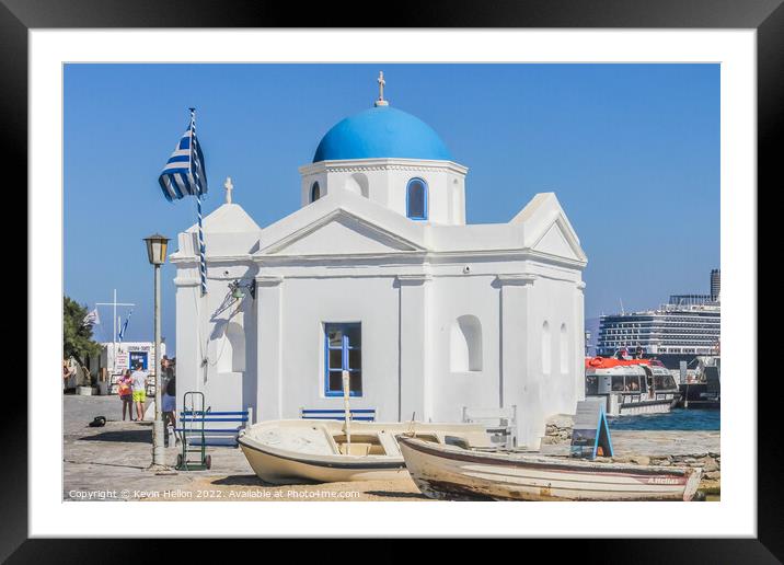 Church on the harbour, Chora, Mykonos, Greece Framed Mounted Print by Kevin Hellon