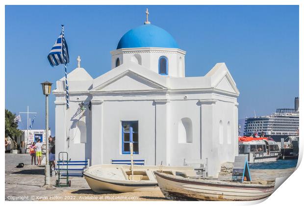 Church on the harbour, Chora, Mykonos, Greece Print by Kevin Hellon