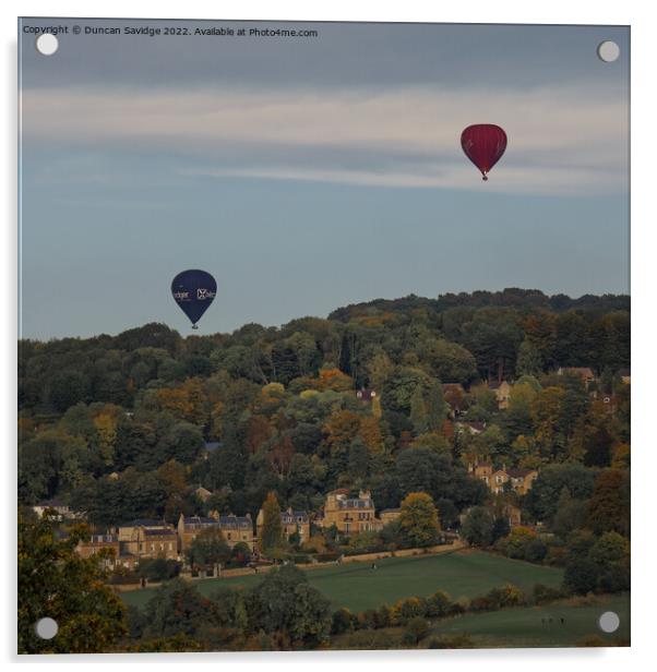 Two hot air balloons coming into land at Sham Castle in Bath Acrylic by Duncan Savidge