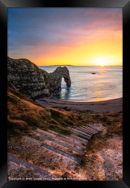 Durdle Door Old Steps Sunset Framed Print by Brett Gasser