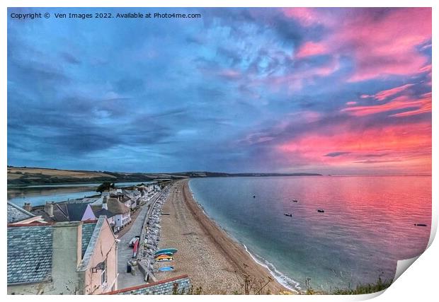 Red Sky over the the village of Torcross nr Kingsb Print by  Ven Images