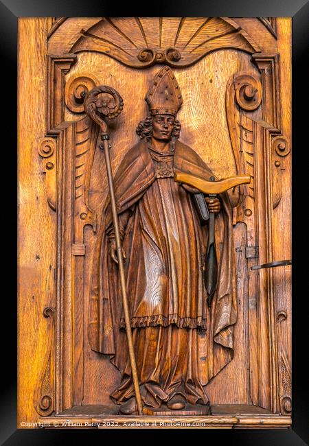 Wooden Saint Leodegar Statue Church Lucerne Switzerland Framed Print by William Perry