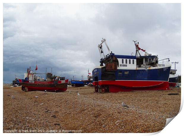 The beach based boats of Hastings. Print by Mark Ward
