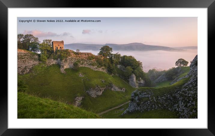 Misty Morning at Peveril Castle Framed Mounted Print by Steven Nokes
