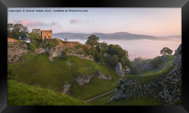 Misty Morning at Peveril Castle Framed Print by Steven Nokes