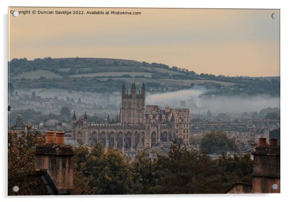 Moody early morning mist rising behind Bath Abbey Acrylic by Duncan Savidge