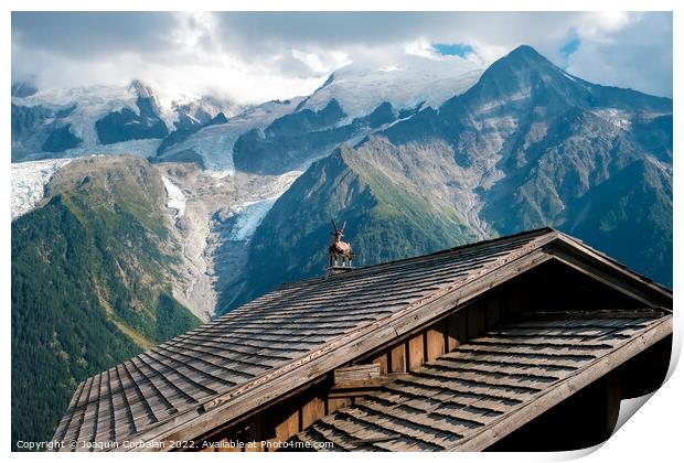 Alpine ibex, capra, resting bucolic on the roofs of alpine huts, Print by Joaquin Corbalan
