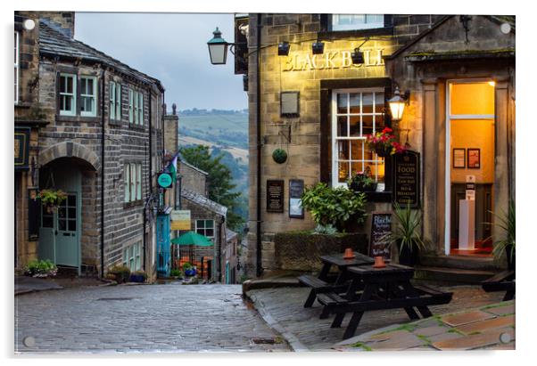 The Black Bull Public House at the top of Main Street, Haworth, Yorkshire.  Acrylic by Ros Crosland