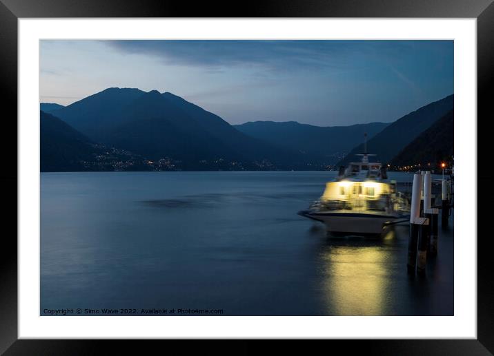 Boat at jetty in Como Lake Framed Mounted Print by Simo Wave
