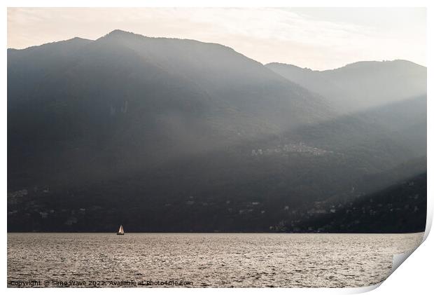 Boat in the middle of Lake Como Italy  Print by Simo Wave