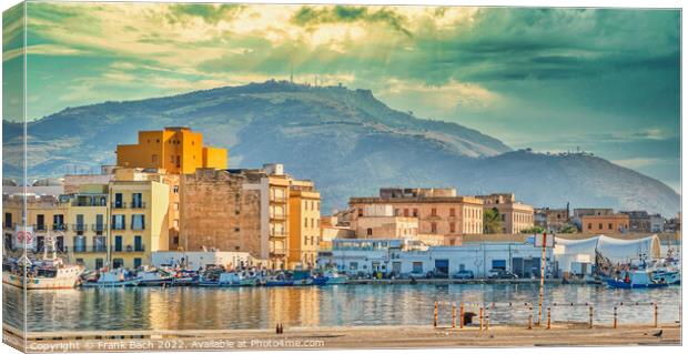 Trapani harbor and city with mountain and Erice in the distance  Canvas Print by Frank Bach